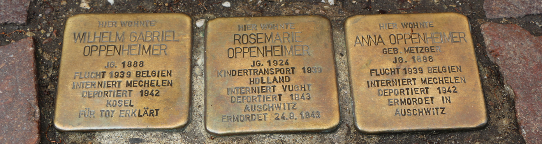 Drei vor dem rheinland-pfälzischen Innenministerium verlegte Stolpersteine in Gedenken an die ermordete Familie Oppenheimer