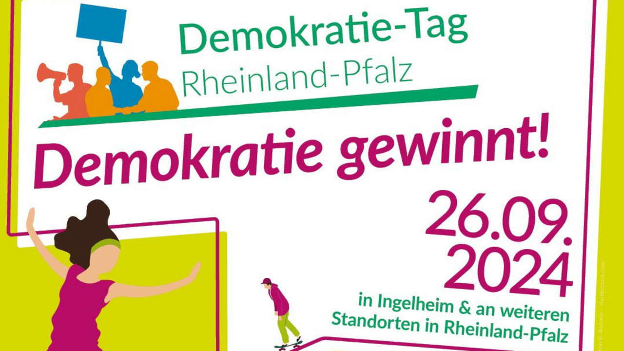 Auf dem Werbe-Plakat für den Demokratie-Tag Rheinland-Pfalz 2024 tanzen junge Leute