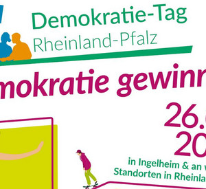Auf dem Werbe-Plakat für den Demokratie-Tag Rheinland-Pfalz 2024 tanzen junge Leute